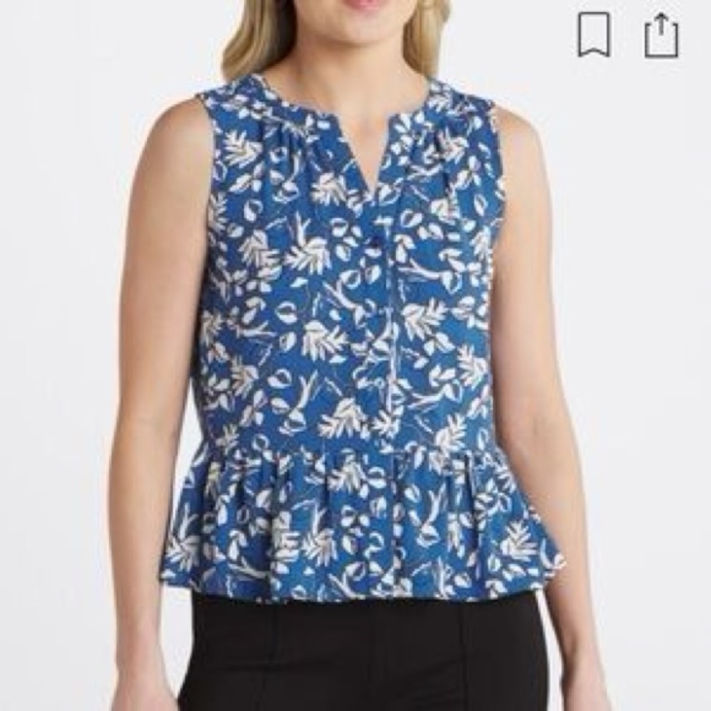 Fortune & Ivy Button Down Sleeveless Blouse Blue White Floral Size Large